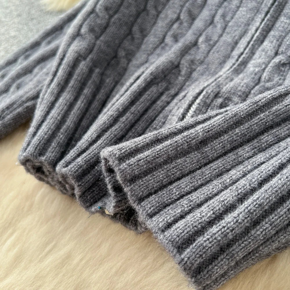 2 PCS Set Apricot/Gray Color Women's Sweat Suits Furry Trim Cropped Hooded Knit Top and Wide-Leg Sweater Pants Set Autumn Winter Warm Outdoor Sport Activities Home Loungewear Ladies Clothing Supplies