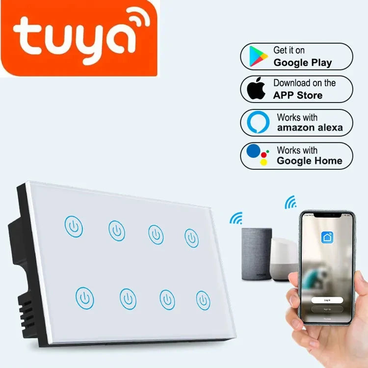 147mm TUYA Alexa Voice Google Work Wi-Fi Remote Control and Touch Switch Power Monitor Wall Electrical Light Switch Smart Touch 8 Gang Switch Panel Home Office Appliances Lighting Supplies.