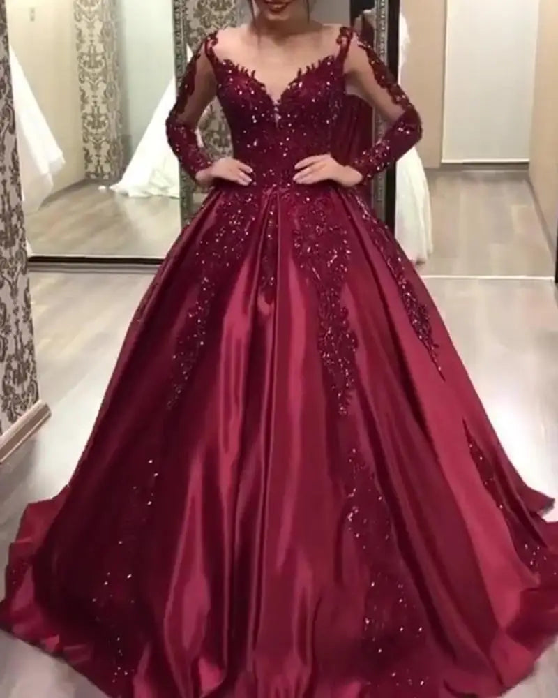 Mother of Bride Luxury Elegant Women S-2XL Red  Long Sleeve Lace Maxi Dress Formal Evening Party Prom Ball Gown Hot Selling Celebrities Ladies Luxury Apparel Supplies