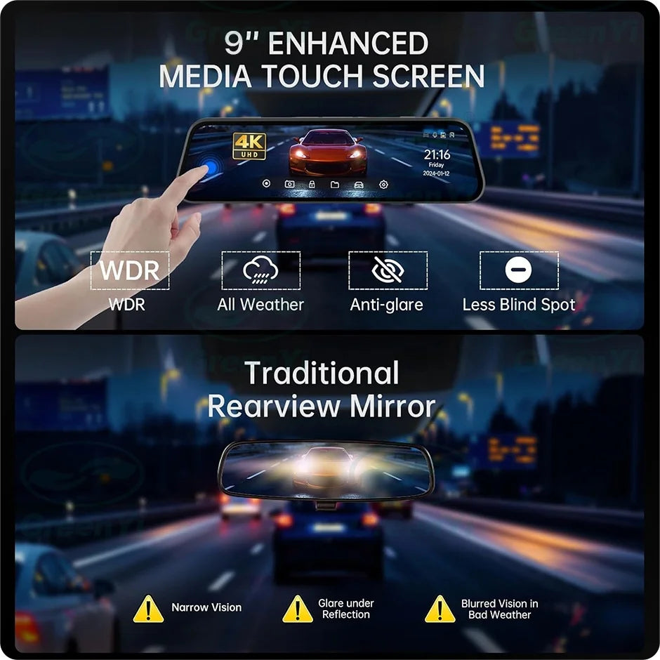 NEW 9"inch 4K GPS Front 1080P Rear Dual Lens Mirror Dash Cam Car DVR Recorder with Wi-Fi GPS Navigator 24H Parking Monitor Night Vision Touch Screen Car Security Accessories
