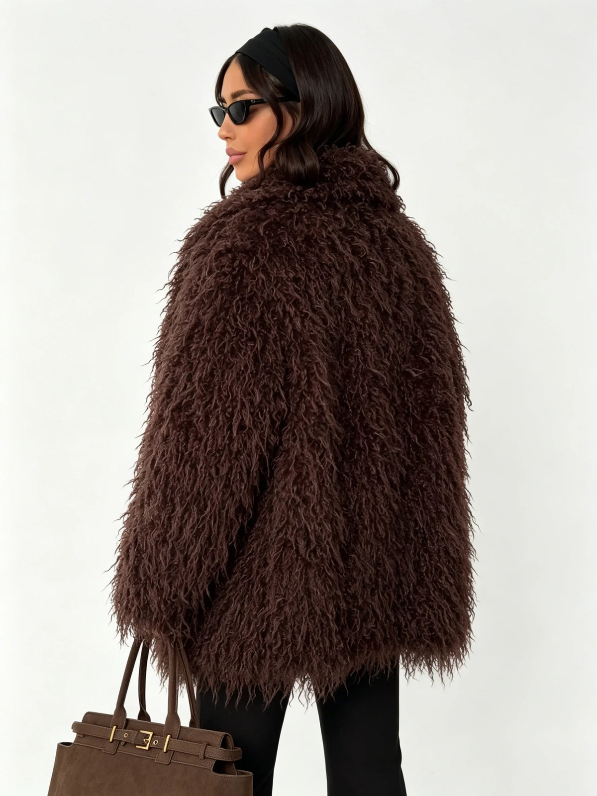 Burgundy/Brown/Khaki Color  Women's Dark Brown Mongolian Lamb Artificial Fur Coat Oversized Shaggy Curly Single Breasted Mid Length Plain Dyed Eco-Friendly Ladies Winter Apparel Supplies