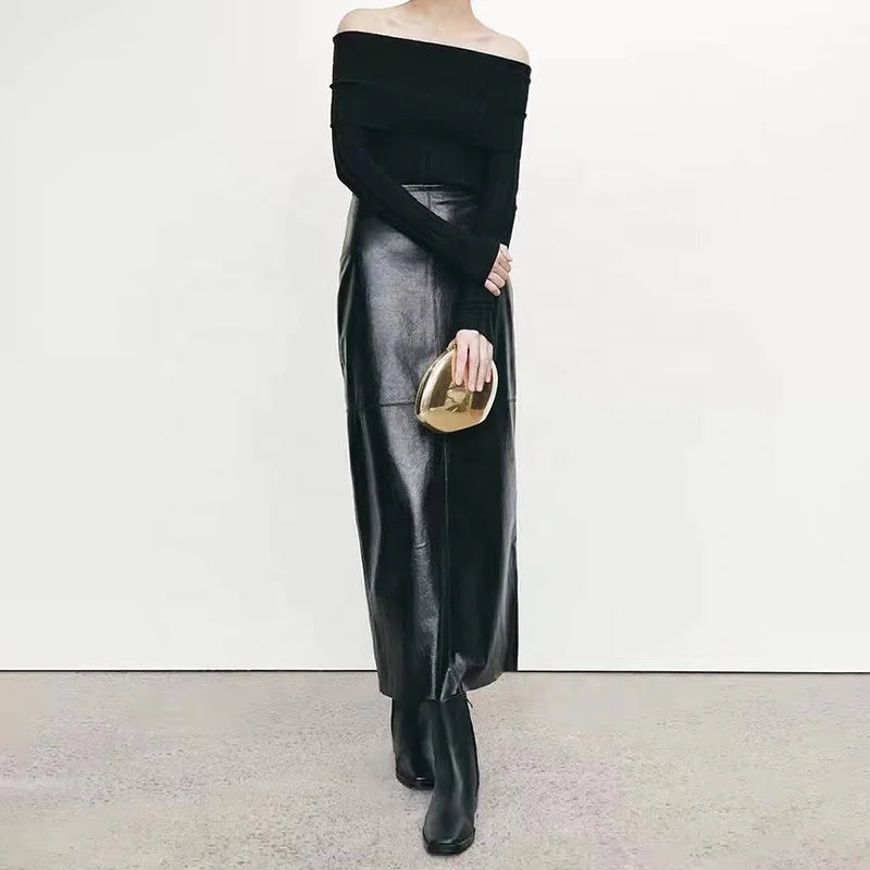 Boutique Gala HOT SALE 100% Real Suede Leather Women Maxi Length Brown/Black Color Leather Skirt Genuine Leather Autumn Spring Summer Office Lady Leather Skirt Ladies Luxury Apparel Accessories