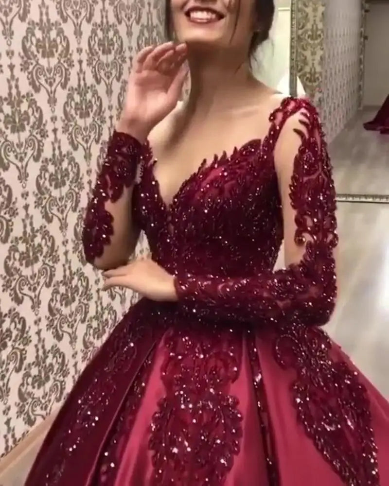 Mother of Bride Luxury Elegant Women S-2XL Red  Long Sleeve Lace Maxi Dress Formal Evening Party Prom Ball Gown Hot Selling Celebrities Ladies Luxury Apparel Supplies
