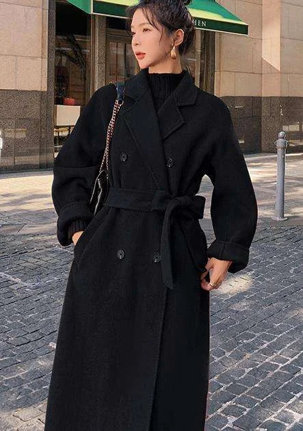 New Arrivals S-4XL Plus Size Black/Red Color Women's Autumn Winter Solid Color New Style Waist Collection Loose  Lapel Collar Double Long Trench Coat Winter Snow Boots Outerwear Maxi Jackets Ladies Winter Apparel Supplies