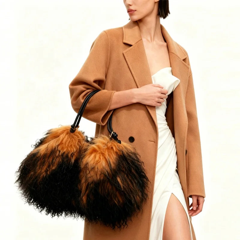 5 Colors Luxury Winter Ombre Faux Fur Leather Hobo Shoulder Tote Bag Women Single Strap Two-Tone Black Camel Fluffy Large Capacity Luxury Bags Ladies Apparel Accessories