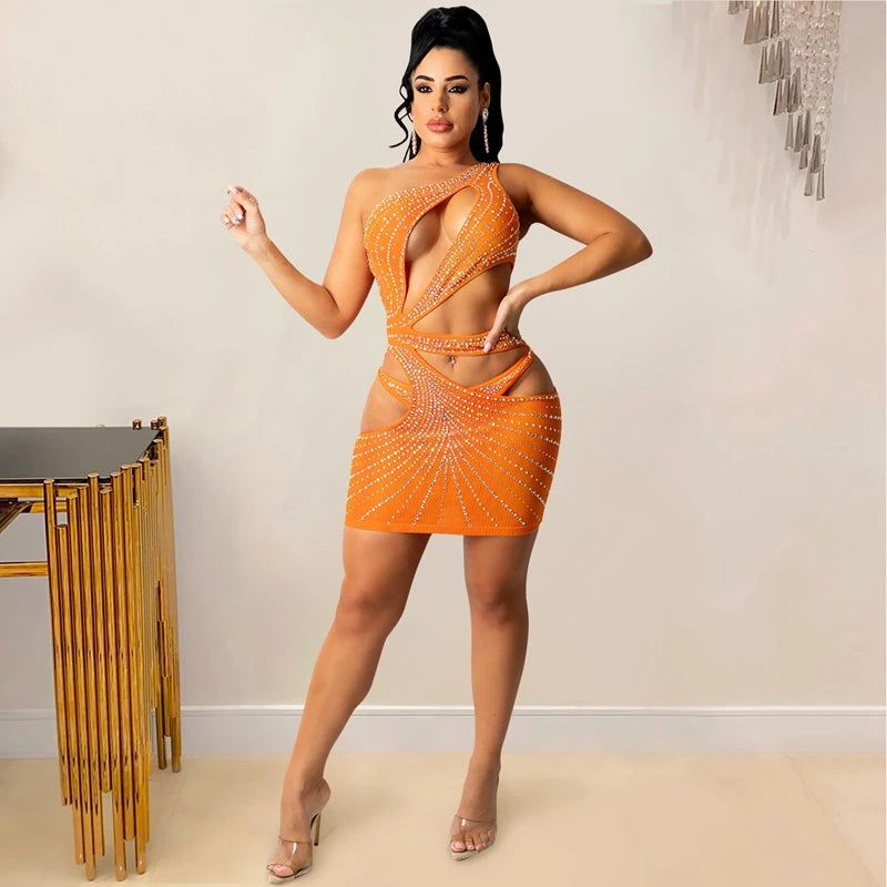 NEW Arrivals Khaki/Red/Orange S-2XL Asian Size Rhinestones Cut Out One Shoulder Bodycon Dress Women Summer Mini Sexy Sparkly Mesh Birthday Evening Beach Party Night Clubwear Dress