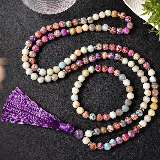 NEW Arrivals 2PCS Tibetan Traditional Set 108 Natural 8mm Emperor Jasper Amazonite Stone Beaded Mala Necklace Meditation Yoga Blessing Healing Jewelry Bracelet Rosary Set