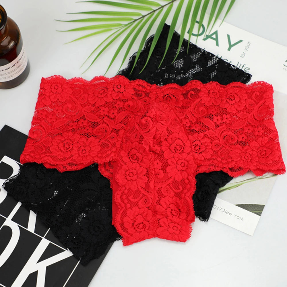 Men Sexy Underwear Lace Flower Small Boxer Shorts Underpants Red Black  M,L,XL