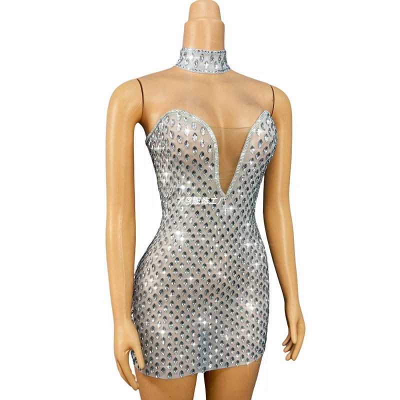 NEW Set Women's Flashing Silver Rhinestones Evening Elegant Stage Performance Wear Night Clubwear Evening Prom Party Wedding Guest Sexy Mini Dress Ladies Sexy Apparel Supplies.