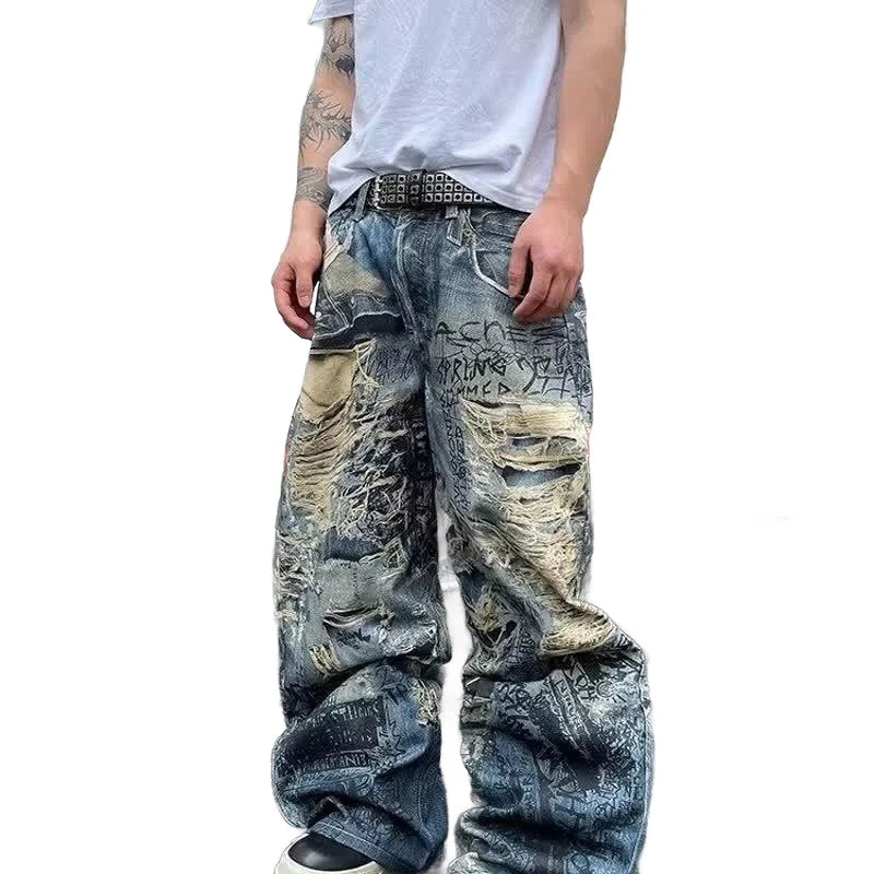NEW Arrivals S-3XL Plus Size Men's Boys Baggy Jeans Pants Heavy Distressed 3D Digital Print Graffiti  Straight Jeans Wide Leg Denim Pants Evening Rave Music Party Y2K Streetwear Autumn Spring Casual Clothing Supplies