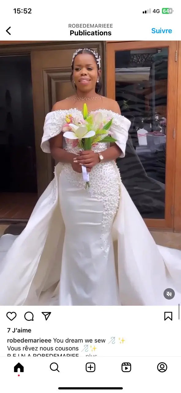 NEW Arrivals Pure White African  Bohemian Style With Removable Trailer Bride and Lace Pearls Appliqued Decoration Mermaid Wedding Dress Evening Wedding Prom Party Mermaid Formal Bridal Gowns