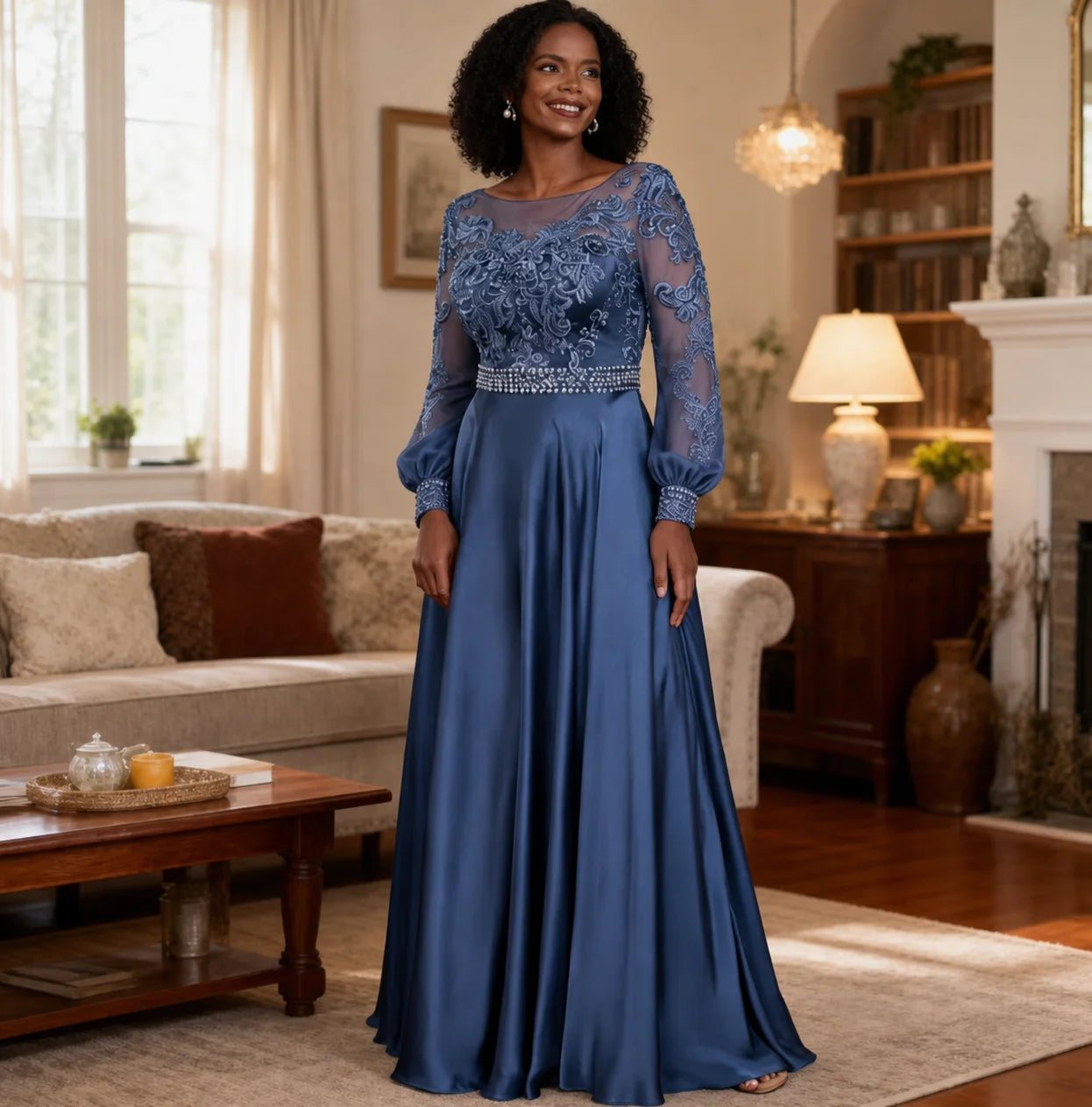 Mother of Bride Customizable Color Luxury Elegant Long Sleeve Elastic Satin Wedding Party Dresses Opera Concerts Celebrities Red Carpet Long Dress with Embroidered Lace and Beaded Waist Ladies Luxury Apparel Supplies