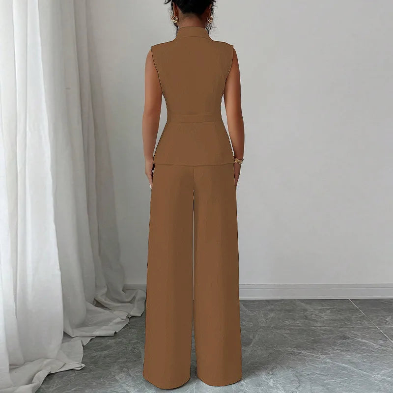 2 PCS Set Women Autumn Spring Summer Outfits Solid Elegant Vest Straight Leg Pants Matching Set Fall Business Night Dinner Office Lady Casual Suit for European American Style Ladies Clothing Supplies