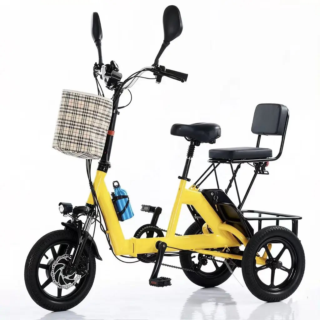 Parents and Child Blue/Yellow Color 14-inch Folding Electric Tricycle Adults Aluminum Frame Brushless Rear Hub Motor 7-Speed Gear Max Speed 25km Basket Lightweight Pedal-Assist