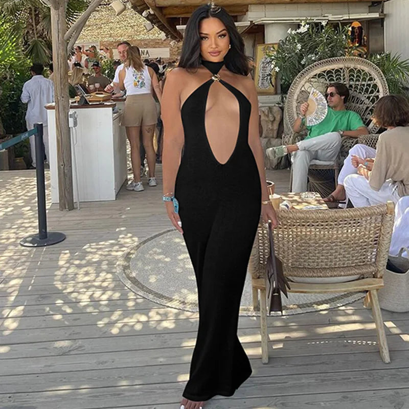 Black/White/Red Color Summer Sexy Hot Hollow Out Beachwear Sleeveless Solid Color Long Dress Evening Beach Party Night Clubwear Long Gown Ladies Sexy Clothing Supplies
