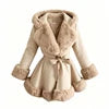 5 Colors UK (6-20) Large Size  Women's Streetwear Thick Plain Dyed Woven Single Breasted Faux Fur Trim Hooded Belted Winter Trench Coat Winter Warm Autumn Apparel Clothing Supplies