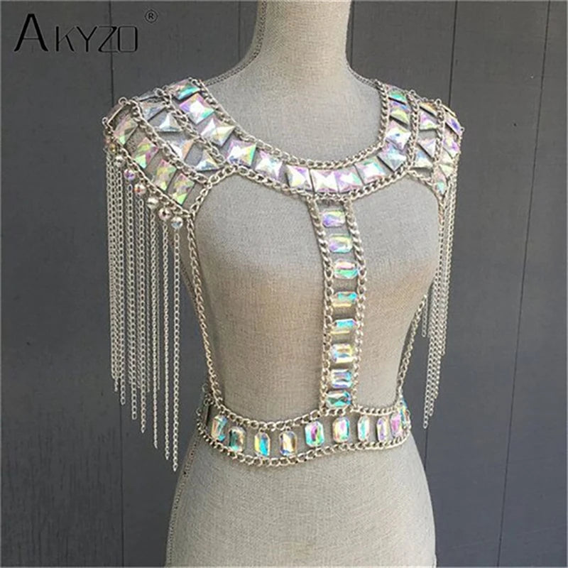 NEW Arrivals 2PCS Set Sexy Crystal Sequin Women Festival Outfits Handmade Patchwork Metal Tassel Chain Crop Top Women's Set