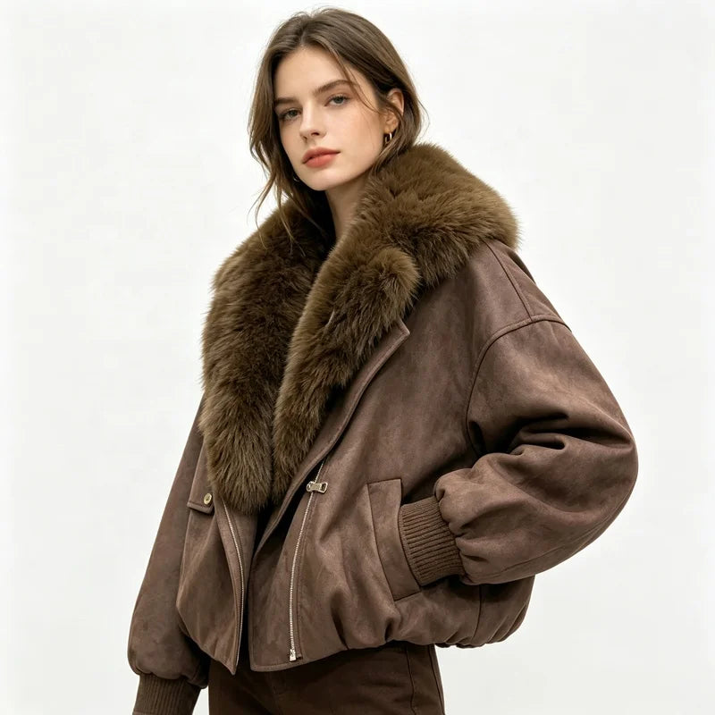 NEW Arrivals 4 Colors S-2XL Women's Autumn Winter Warm Brown Artificial Suede Biker Jacket Oversized Faux Fur Collar Asymmetric Zip Cropped Coat Women's Faux Fur Coats Winter Outerwear Coats