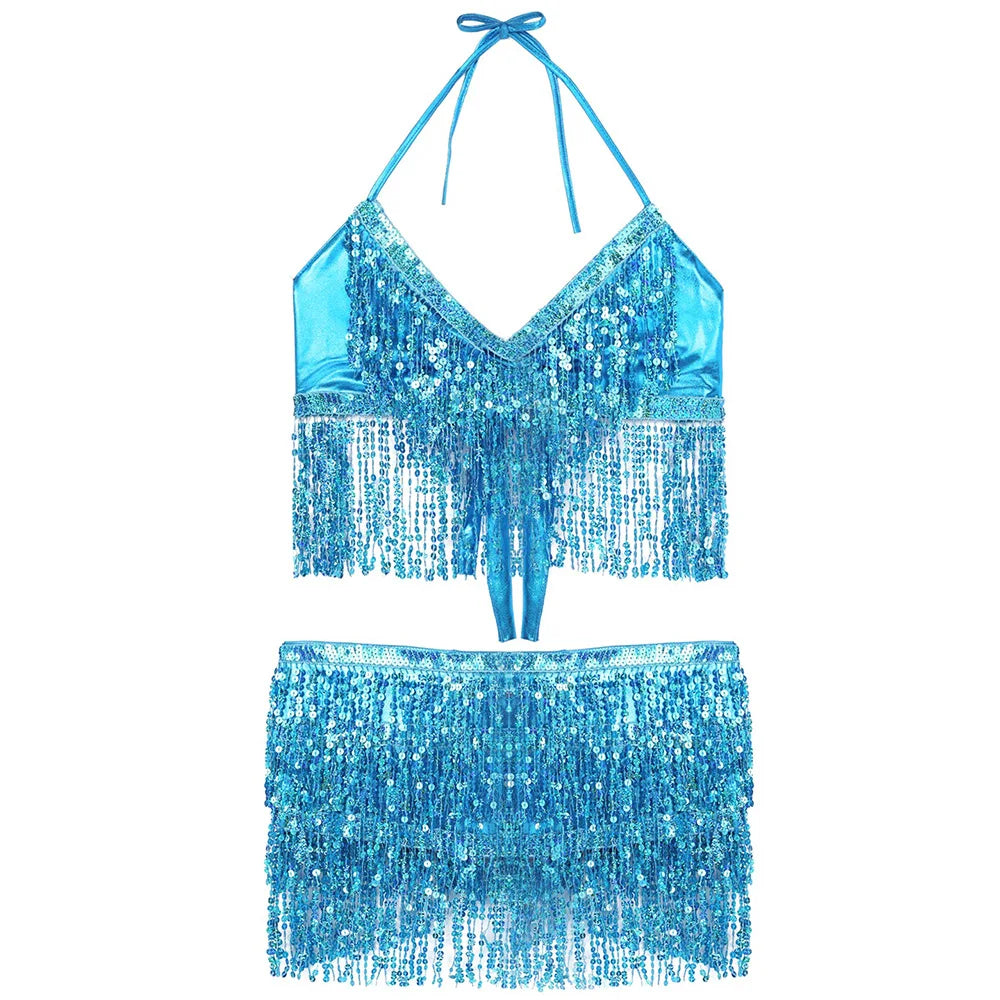 NEW Arrivals 9 Colors Women Shiny Sequins Tassels Carnival Rave Performance Belly Dance Costume Halter Bra Tops with Hip Scarf Wrap Skirt Set Ballroom Competition Dancing Dresses