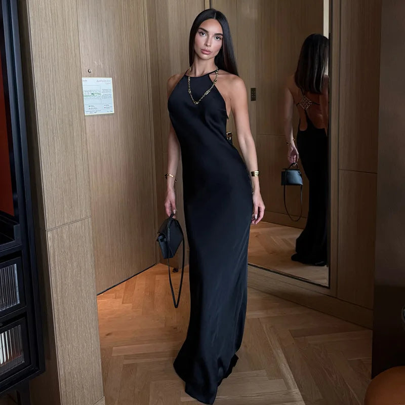 Black/Khaki Color Sexy Halter Neck Backless Women Summer Maxi Dress Elegant Ladies Diamond Casual Long Dress Evening Beach Party Night Clubwear Prom Gowns Ladies Luxury Clothing Supplies
