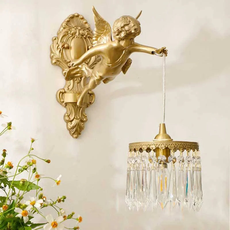 NEW French Retro All Copper Angel Wall Lamp, Vintage Living Room Bedroom Study, Retro Light Luxury Crystal Brass Lighting Fixture