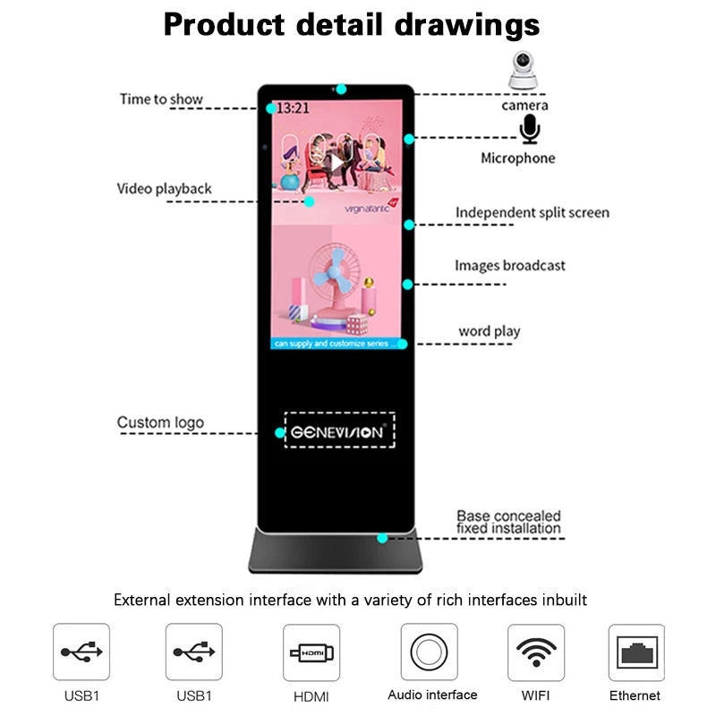 HOT SALE 32* Inch Indoor Floor Stand Digital Signage LCD Advertising Kiosk Touch Screen Smart Display Board WI-FI OEM System for Business Shop Mall Advertising Smart Android Screen System