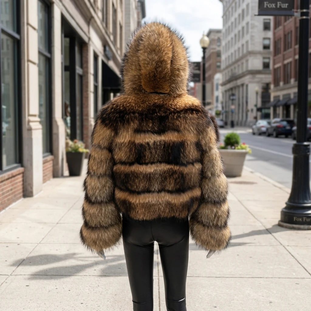 Just Arrived S-3XL Plus Size  New Style 100% Real Raccoon Fur Hooded Long Sleeves Winter Warm Coat Women Real Fur Snow Boots Outerwear Jacket Natural Raccoon Fur Coat Ladies Luxury Apparel Supplies