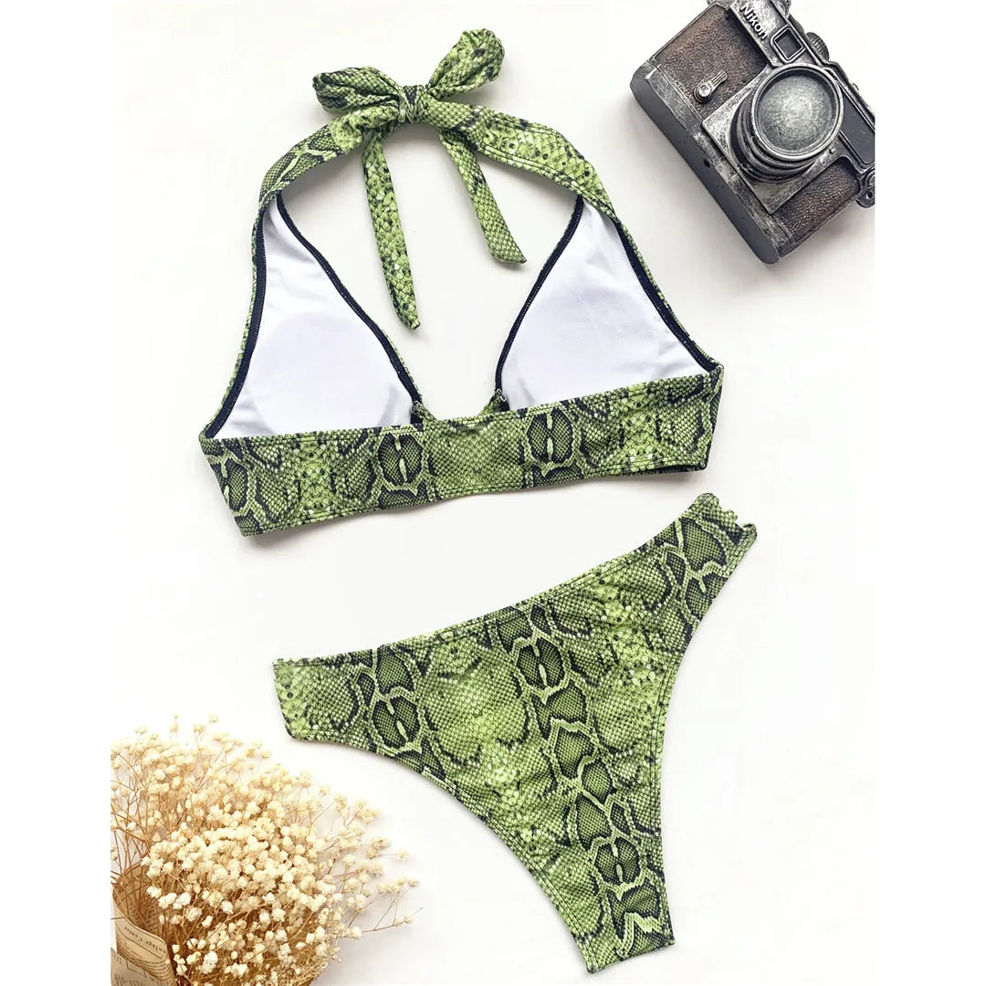 Sexy Snake Skin Halter High Leg Cut Bikini Female Swimsuit Women Swimwear Two-pieces Bikini set Bather Bathing Suit Swim K3144