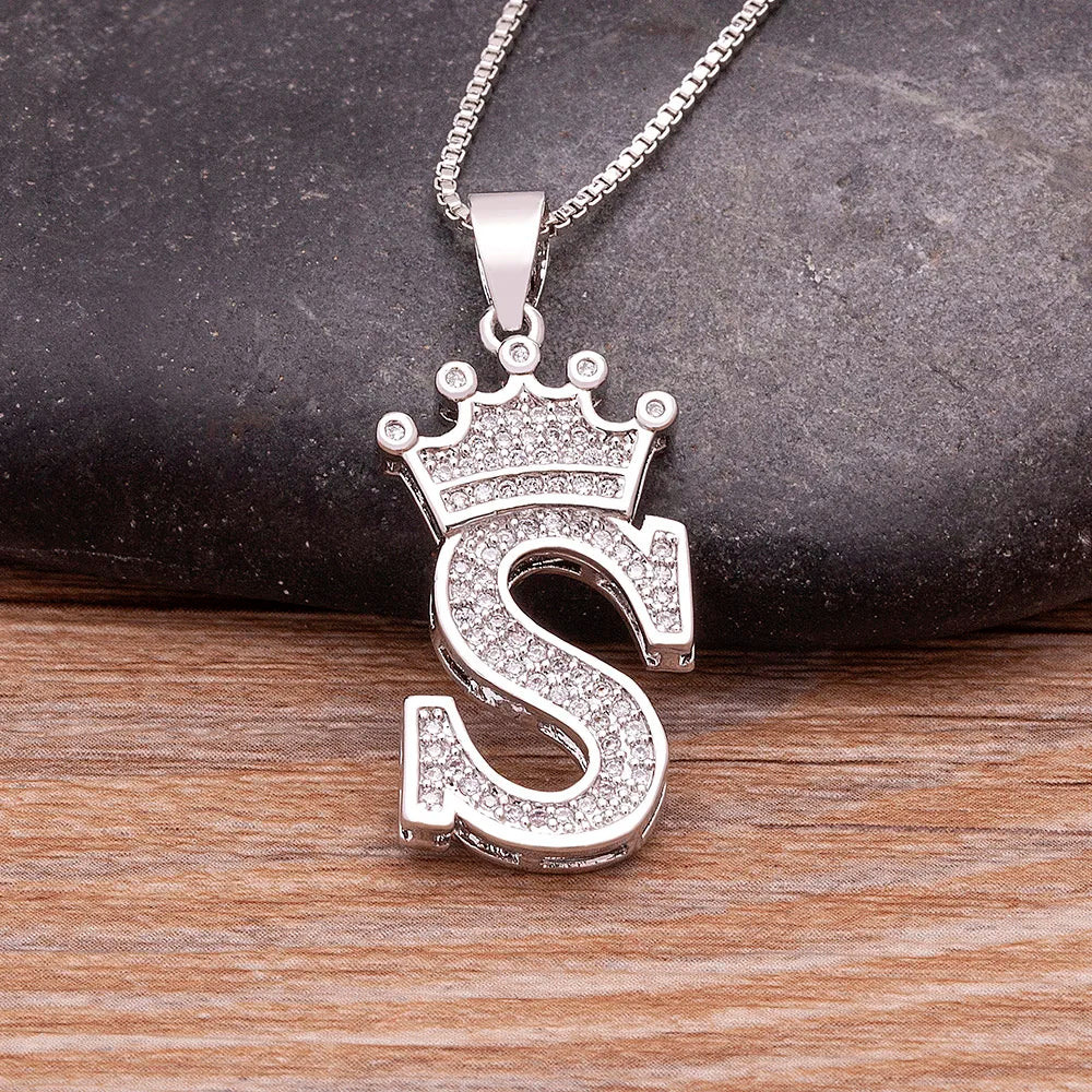 Hot Sale A-Z Letters Crown Pendant Initial Alphabet Necklace For Women Men Accessories Name Jewelry  Party Birthday Gifts