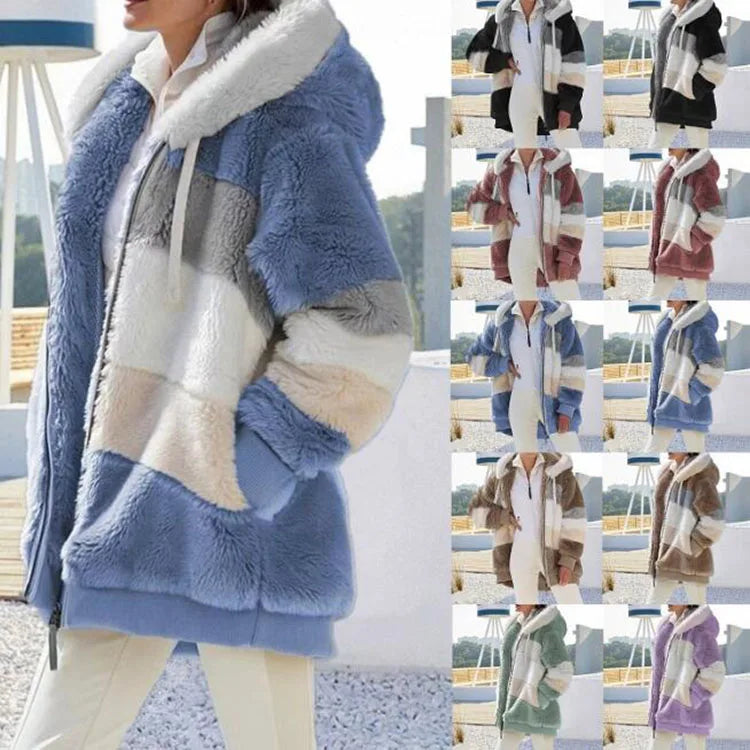 10 Colors S-5XL Plus Size Winter Warm Ladies Jacket Autumn Winter Long Sleeve Women  Block Zipper Fluff Hooded Outerwear Coats Women Winter Clothing Supplies