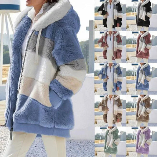 10 Colors S-5XL Plus Size Winter Warm Ladies Jacket Autumn Winter Long Sleeve Women  Block Zipper Fluff Hooded Outerwear Coats Women Winter Clothing Supplies
