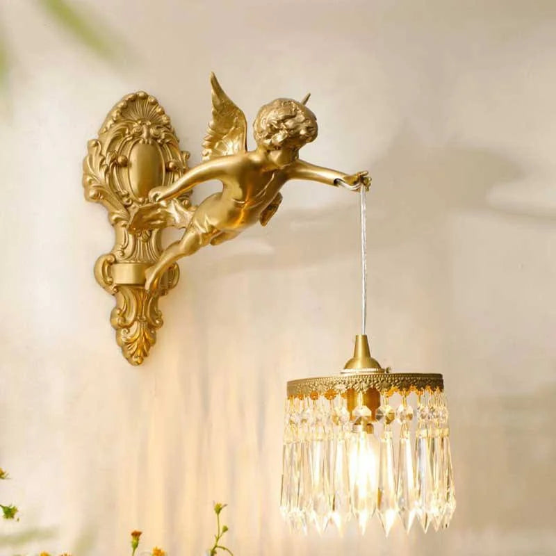 NEW French Retro All Copper Angel Wall Lamp, Vintage Living Room Bedroom Study, Retro Light Luxury Crystal Brass Lighting Fixture