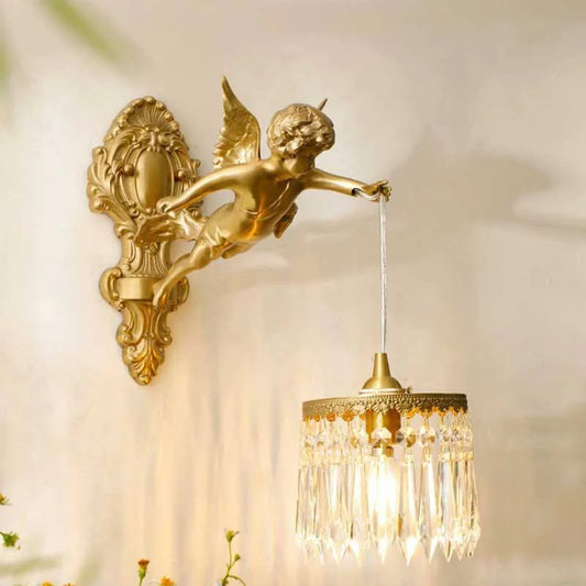 NEW French Retro All Copper Angel Wall Lamp, Vintage Living Room Bedroom Study, Retro Light Luxury Crystal Brass Lighting Fixture
