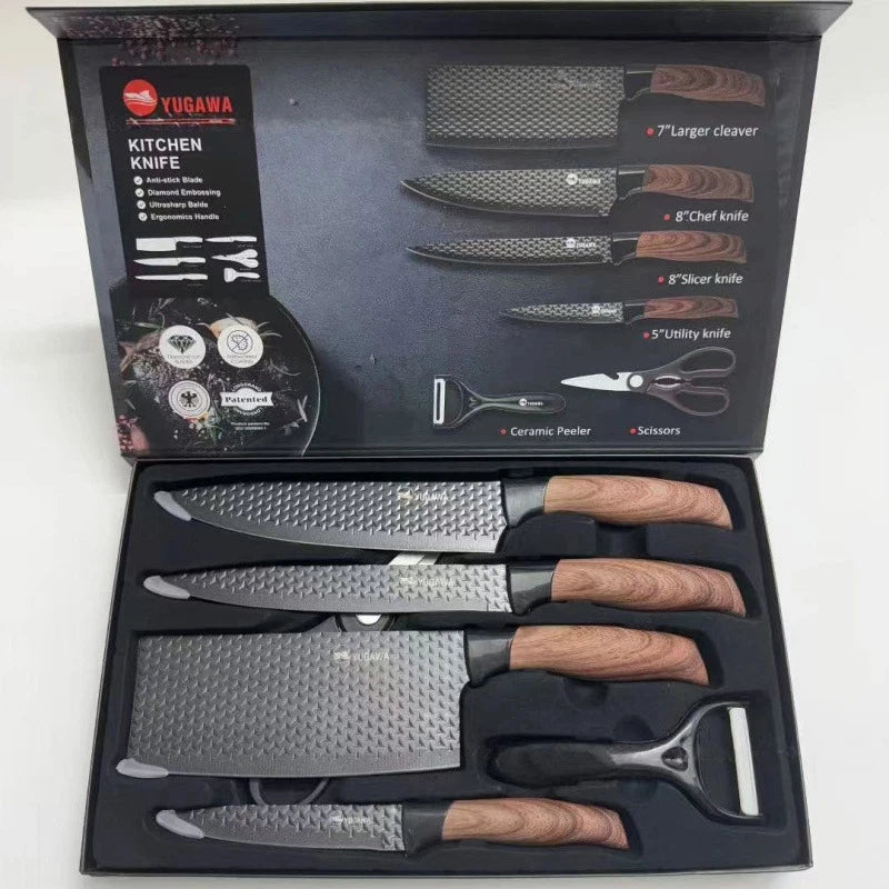 Top Quality NEW 6 PCS Japanese Set Stainless Steel Kitchen Knife Accessories Set Household Meat Cleaver Knife Gift Box Set Kitchenware Supplies for Outdoor Barbeque Camping