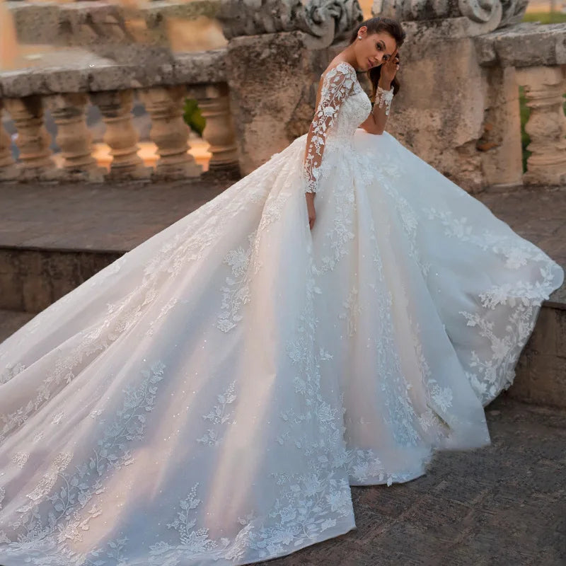 Plus Size V-Neck Luxury Long Sleeves Wedding Dress Customized Dress Wedding Beaded Lace Fabric White Bridal Gowns Modest Long Sweep Train  Wedding Dress