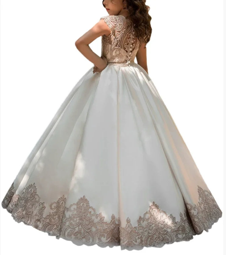 Ivory/Pink Color Girls Children Elegant Champagne Gold Lace Applique Girls Bridesmaid Wedding Party Dress First Communion Gown Ball Gown Kids Evening Birthday Wear Fille Luxury Gown