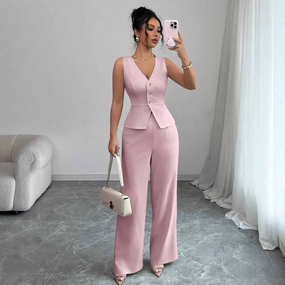 2 PCS Luxury Set 8 Colors S-3XL Summer European American Women's Collarless Spliced Casual Solid Color Sleeveless Skinny Top Quality Vest High-Waisted Long Pants Set Women Clothing Supplies.