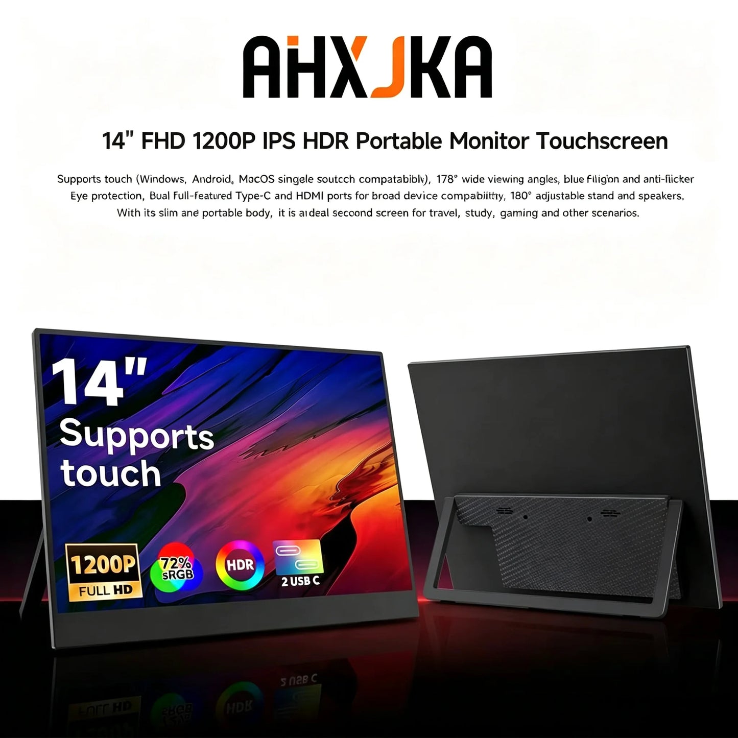 Portable 14-inch 1920x1200 60Hz Touchscreen IPS Monitor USB-C FHD 16:10 External Display for Laptops/Macs/Gaming/Office Business Professional Monitor