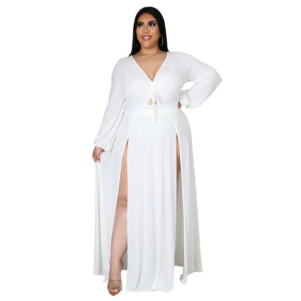 NEW Arrivals XL-5XL Plus Size Elegant Women Lace-Up V-neck Long Sleeve Sexy Plus Size Dresses 5xl Solid Color Split Fork Summer Clothes