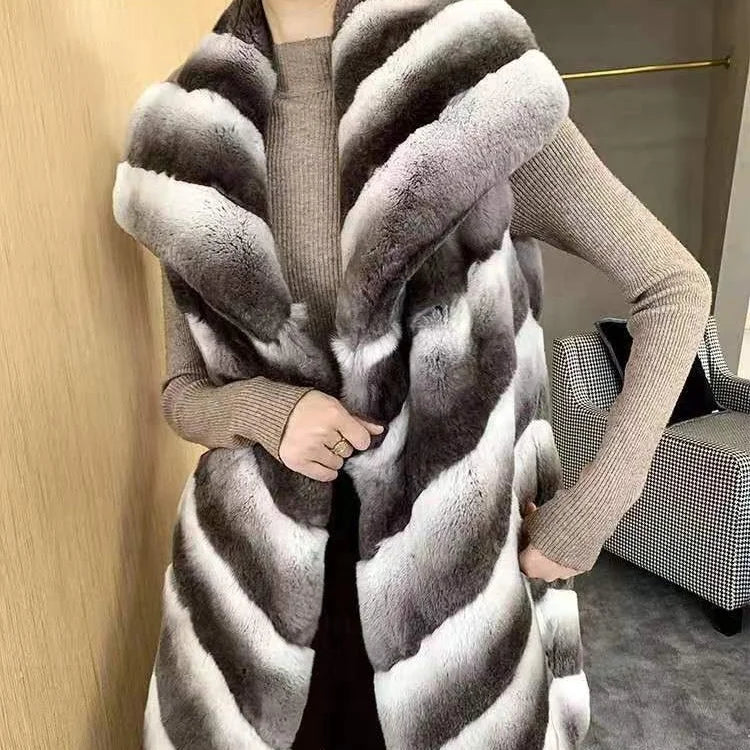 New Arrivals S-5XL Plus Size Women Natural Rex Rabbit Chinchilla Mink Fur Long Vest Winter Fur Coat Luxury Fashion Fur Waistcoat Overcoat Outerwear Ladies Luxury Apparel Supplies