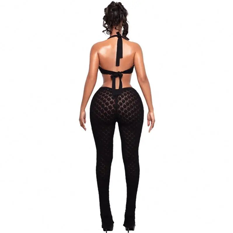 Black/Blue/Burgundy Color  New Halter Cutout Flare Leg Backless Jumpsuit Slim Fit Summer Night Club Playsuit Evening Beach Party Bodysuit Women Sexy Apparel Supplies