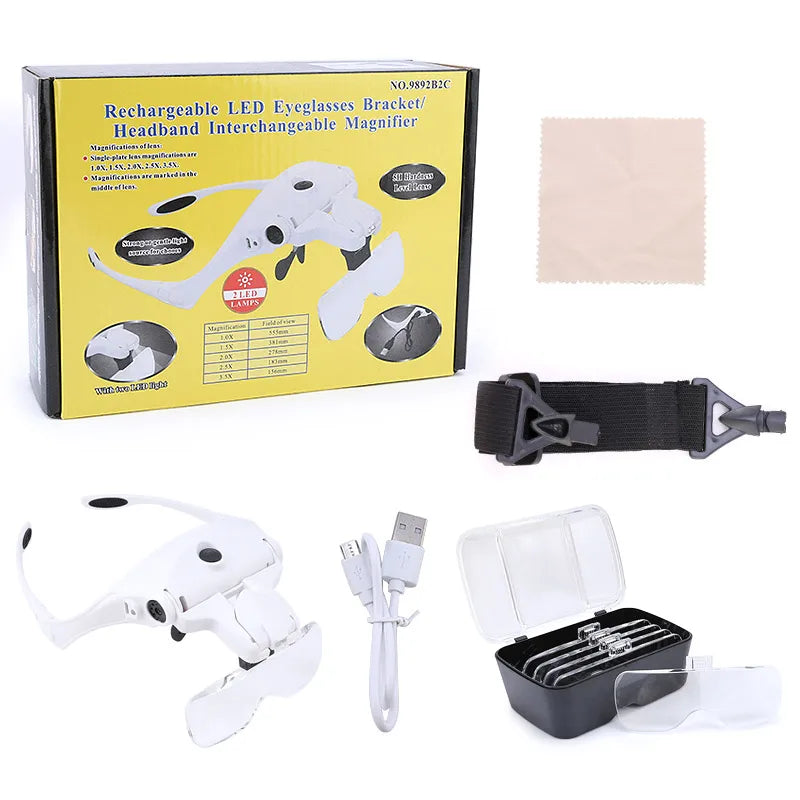 Full Set Lash Magnifying Glass 5 Lens USB With LED Light Lamp Adjustable Headband Eyelash Extension Tools False Lashes Make-Up Jewelry Accessories