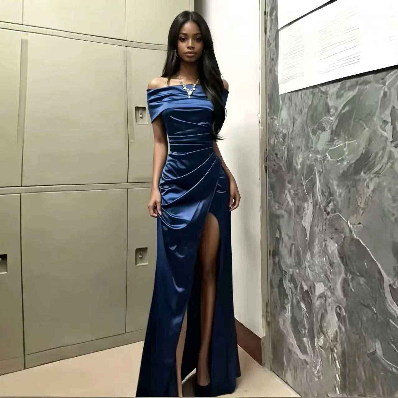 S-2XL Satin Luxury Trendy Gowns for Women Evening Dresses Wedding Guest Bridesmaid  Night Clubwear Prom Elegant One Shoulder Short Sleeve Slit Satin Mermaid Gowns Ladies Luxury Apparel Supplies