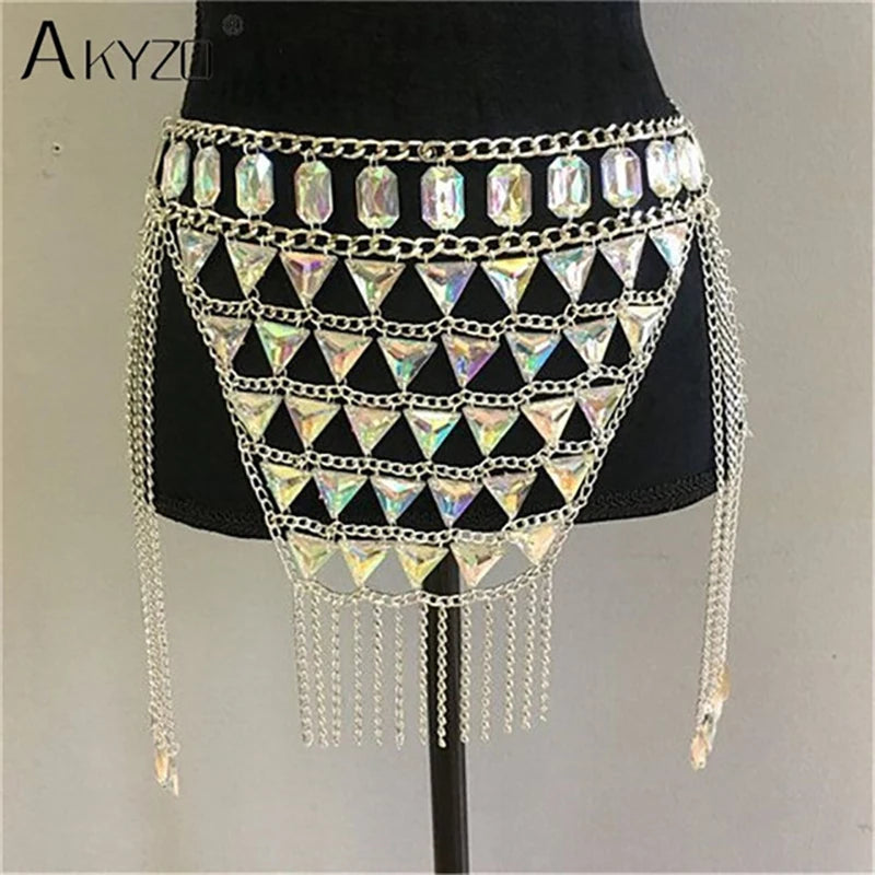 NEW Arrivals 2PCS Set Sexy Crystal Sequin Women Festival Outfits Handmade Patchwork Metal Tassel Chain Crop Top Women's Set
