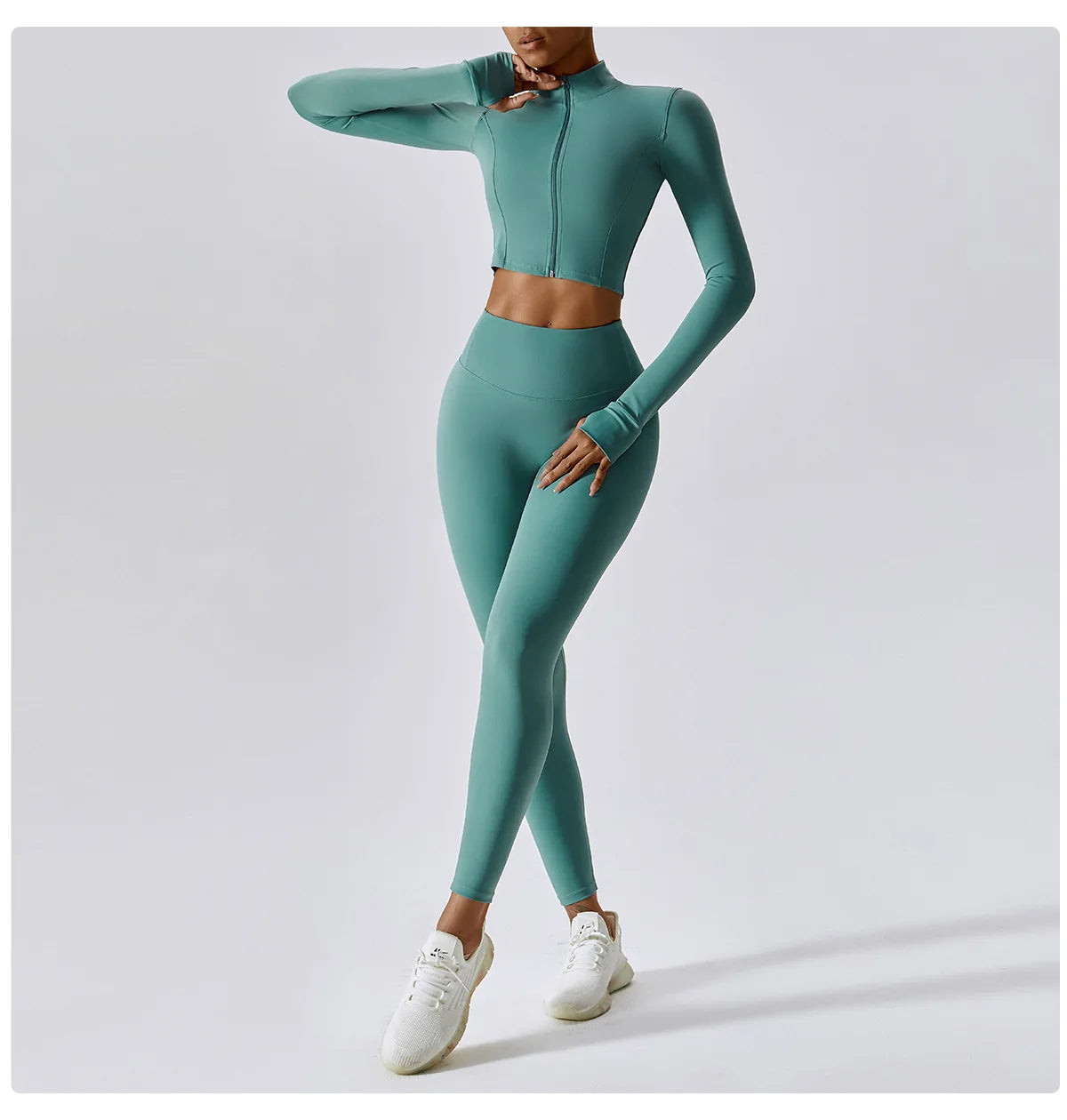 Women Yoga Workout Clothes Sports Gym Legging Seamless Fitness Zip Long Sleeve Crop Top Yoga Suit Sportswear Workout Women Sports Apparel Supplies
