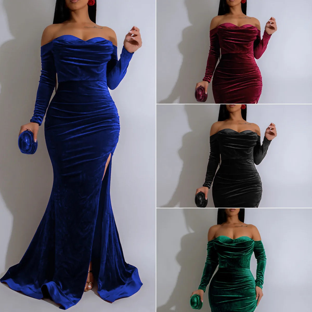 S-2XL Velvet Trendy Gowns for Women Evening Dresses Night Clubwear Prom Elegant Long Sleeve off Shoulder Slim Velvet Maxi Party Dresses Women Mermaid Dress