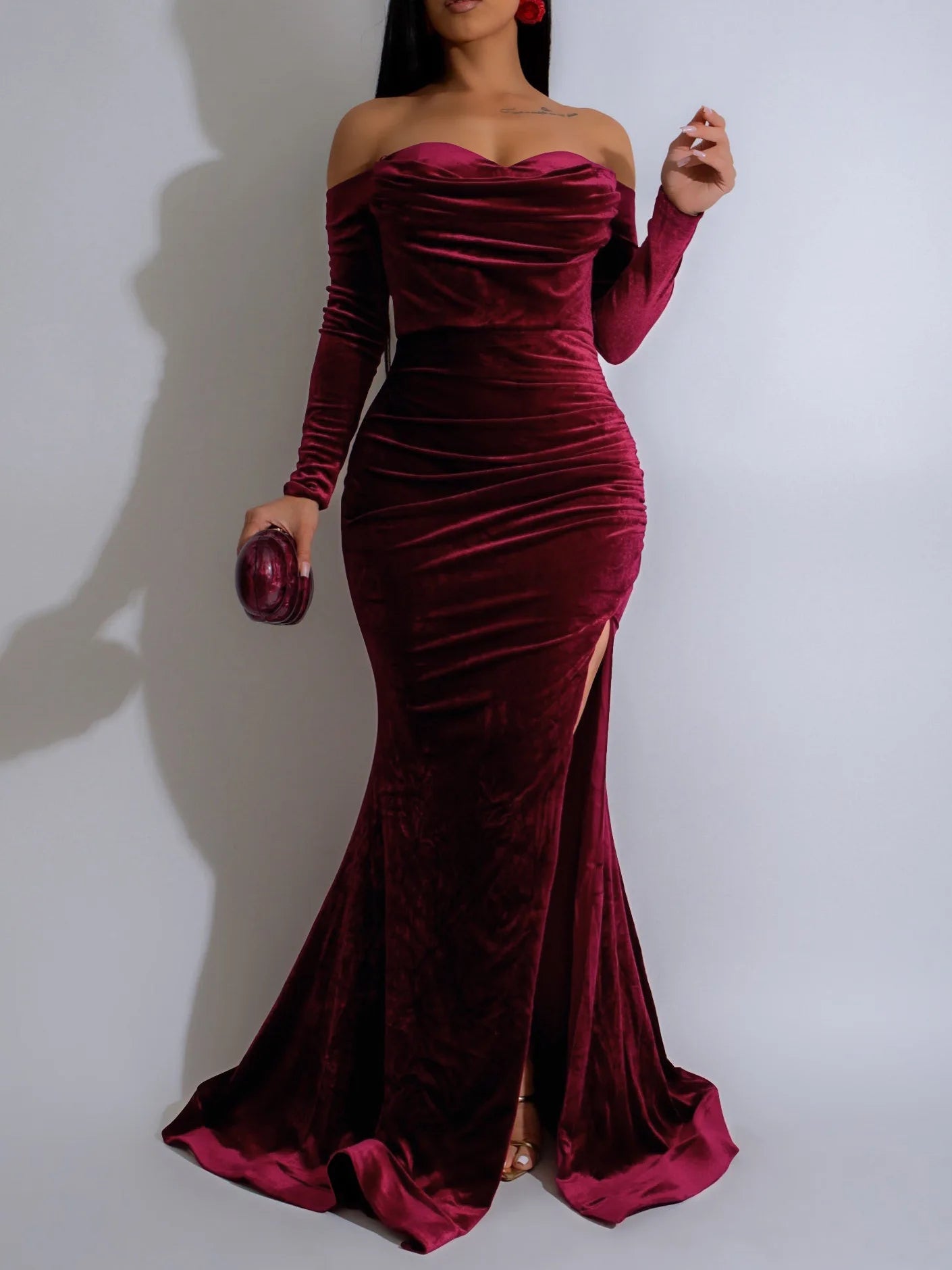S-2XL Velvet Trendy Gowns for Women Evening Dresses Night Clubwear Prom Elegant Long Sleeve off Shoulder Slim Velvet Maxi Party Dresses Women Mermaid Dress