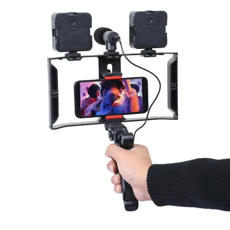 Handheld Phone Video Cage Kit Dual LED Fill Light Shotgun Wired Microphone Smartphone Rig for Vlogging Live Streaming Studio Content Creation YouTube TikTok Videos Maker Social Media Tools Set
