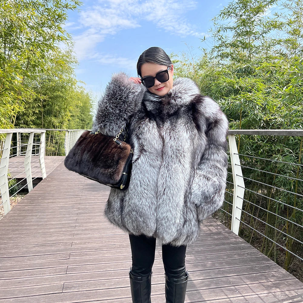 BEST PRICE S-2XL Ladies Luxury Top Quality Women's Winter Warm Real Silver Fox Mink Fur Jacket Long Coat Bigger Hood Cotton Filling Poncho Outerwear Jackets Wedding Guest Celebrities Evening Party Ladies Luxury Apparel Suppli