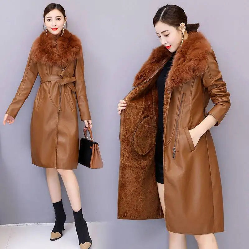 Black/Brown Color M-4XL Plus Size New Women Faux Leather Jacket for Winter Plus Velvet Warm Slim Big Fur Collar Long Leather Women's PU Leather Coat Female Snow Outerwear Winter Apparel Supplies